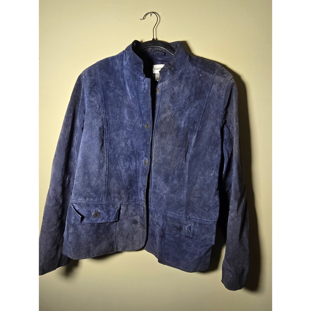 Chico's Suede Jacket Womens 3 Blue Good Button Front Mock Neck Leather Coat